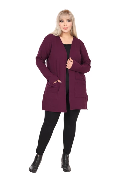 Melsay Butik Kadın Mor Büyük Beden Önü Açık Ceket Yaka Örme Kısa Hırka - 6