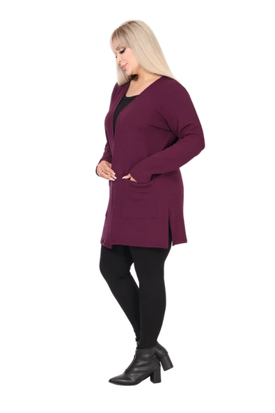 Melsay Butik Kadın Mor Büyük Beden Önü Açık Ceket Yaka Örme Kısa Hırka - 2