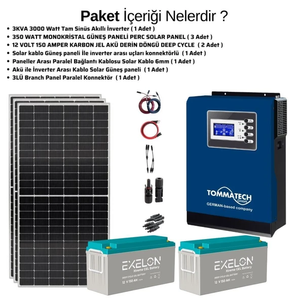 Güneş Enerjisi Bağ Evi Solar Paketi 3KVA İnverter 350W Güneş Paneli 150AH Jel Akü - 1