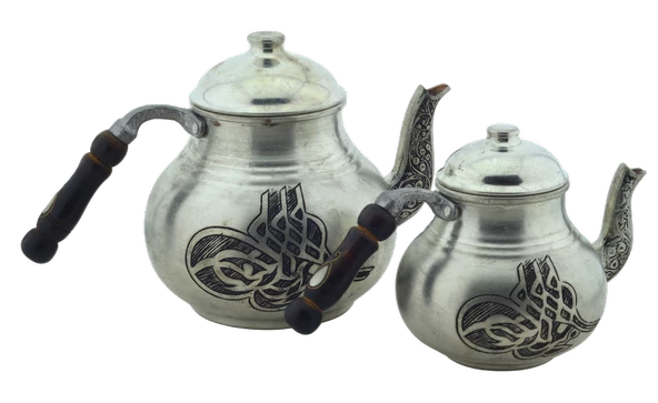 El Işlemeli Desenli Ahşap Saplı Tuğralı Bakır Çaydanlık Gümüş Renk Mod3 - 2