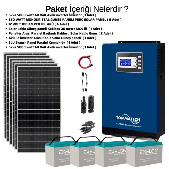 Güneş Enerjisi Bağ Evi Solar Paketi 5KVA İnverter 350W Güneş Paneli 100Ah Jel Akü - Resim 3