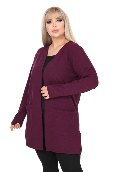 Melsay Butik Kadın Mor Büyük Beden Önü Açık Ceket Yaka Örme Kısa Hırka - 4