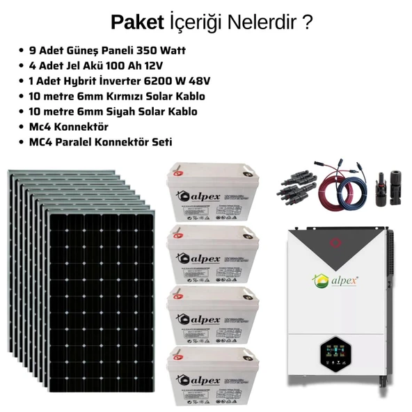 Güneş Enerjisi Bağ Evi Solar Paketi  Hybrit  inverter 6200 W 48V 410W Güneş Paneli 100 Ah Jel Akü