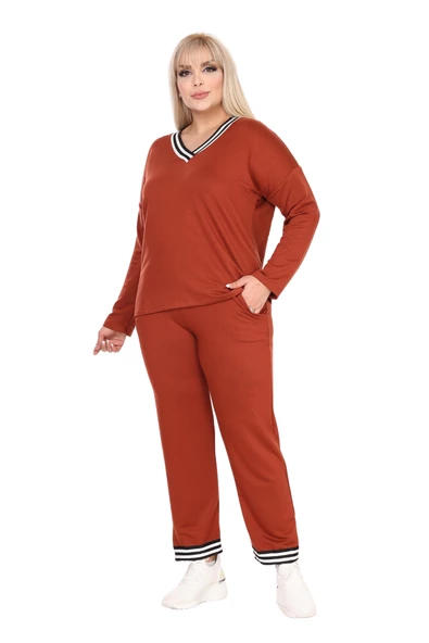 Melsay Butik Tarçın Şerit Detaylı V Yaka Eşofman Takımı - Resim 2