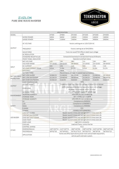 Exelon Tam Sinüs 3000w 12v İnverter - 3