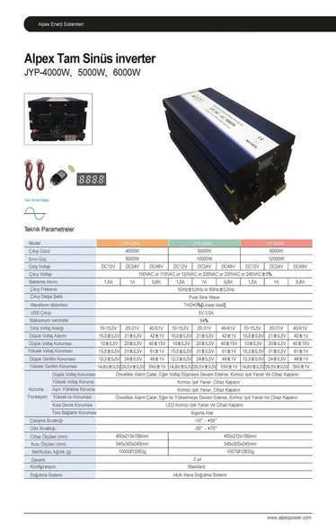 Alpex 5000 Watt 12 Volt Dijital Ekranlı Tam Sinüs İnverter - 3