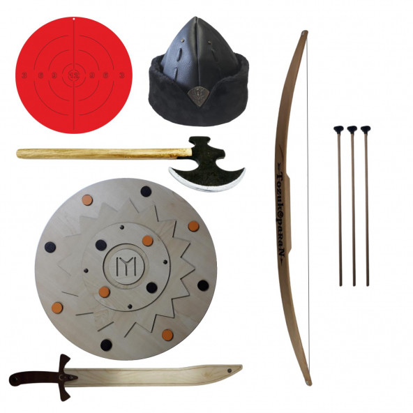 Osmanlı Devlet Armalı Çocuk Börk ve Ahşap Oyuncak Kılıç Kalkan Seti 6 Parça