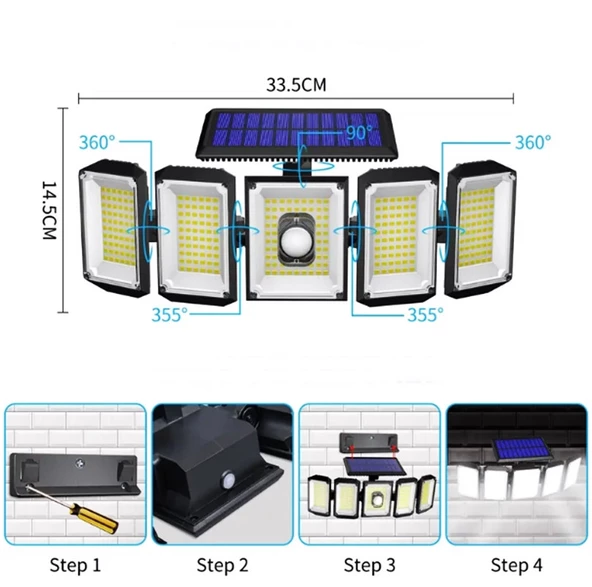 Güneş Enerjili Solar Bahçe Lambası 3 metre kablolu Hareket Sensörlü 5 Taraflı 300 Led Aydınlatma Kumandalı / ES-300 - 3