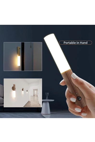 MAS ELEKTRO Unichrome Modern Sensörlü Usb Şarjlı Mıknatıslı Taşınabilir Duvar Aplik Masa Lambası Ahşap Görünümlü Gün Işığı - 3