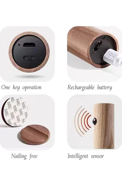 MAS ELEKTRO Unichrome Modern Sensörlü Usb Şarjlı Mıknatıslı Taşınabilir Duvar Aplik Masa Lambası Ahşap Görünümlü Gün Işığı - 5