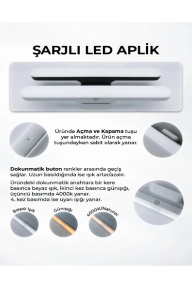 MAS ELEKTRO luxshome Usb Şarjlı Mıknatıslı Kablosuz Mutfak Tezgah Altı Dolap İçi Kabin Led Aydınlatma Lambas 3 Renk - 6