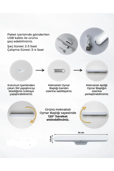 MAS ELEKTRO luxshome Usb Şarjlı Mıknatıslı Kablosuz Mutfak Tezgah Altı Dolap İçi Kabin Led Aydınlatma Lambas 3 Renk - 7