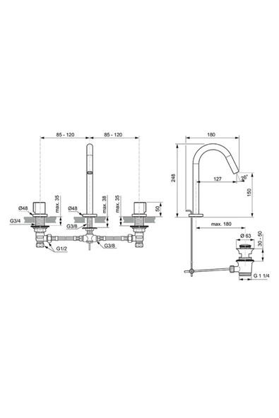İdeal Standard Joy 3 Delikli Lavabo Bataryası 5L/Dk Fırçalanmış Altın Sifon Kumandalı - Resim 6