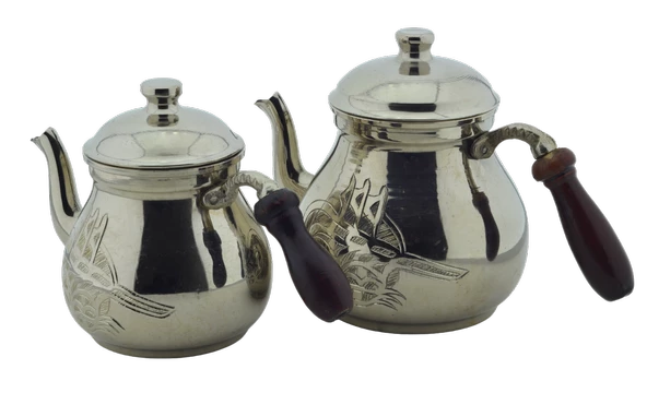 El Işlemeli Tuğra Desenli Ahşap Saplı Bakır Çaydanlık Gümüş Renk Mod8 - 2