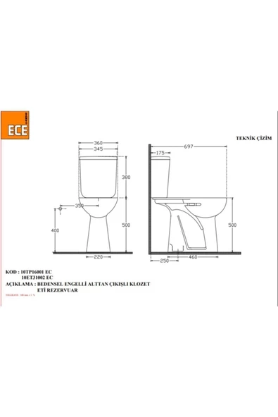 Ece Banyo Engelli Alttan Çıkışlı Klozet Rezervuar Takım - 2