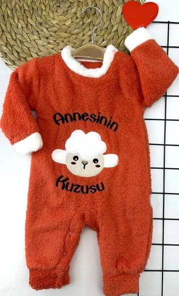 3-6-9-12 Ay Kuzu Tüylü Kumaş Annesinin Kuzusu Nakışlı Alttan Çıtçıtlı Kız Erkek Bebek Tulumu Turuncu ürün görseli