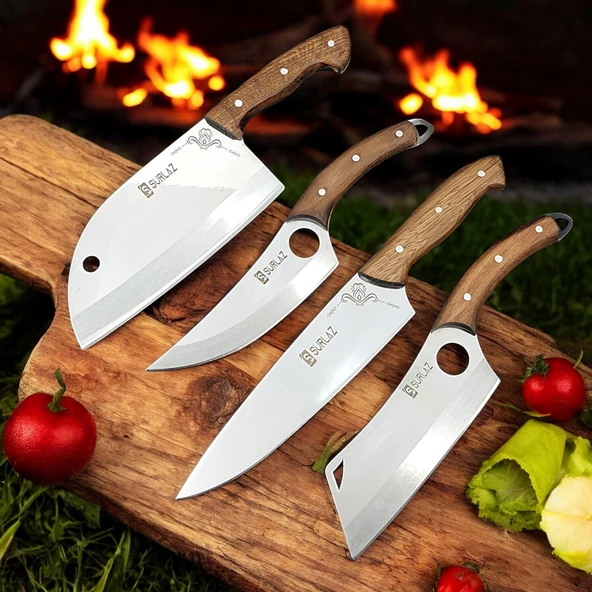 SürLaz Şef Bıçak Seti 4 Parça Almazan Bıçak Outdoor Bıçakları Hediyelik Bıçak