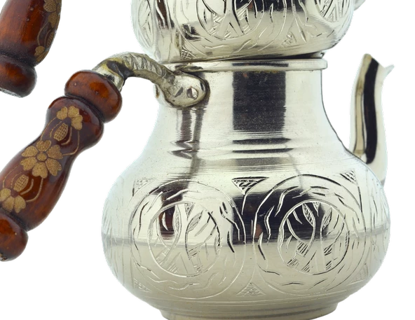 El Işlemeli Desenli Ahşap Saplı Bakır Çaydanlık Gümüş Renk Mod11 - 3