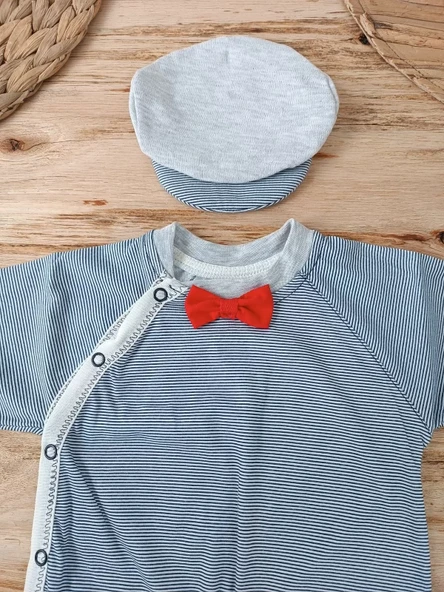 0-3 3-6 Ay Papyonlu Çizgi Desen Çıtçıt Kapama Kasketli Erkek Bebek Tulumu Lacivert - 3