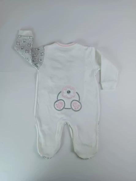 0-3 3-6 Ay Minik Tavşan Nakışlı Boydan Çıtçıt Kapamalı Kız Erkek Bebek Tulumu Ekru - Resim 3