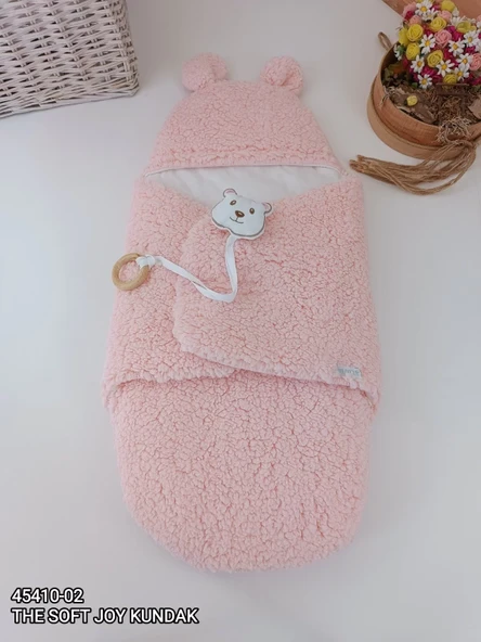 Yenidoğan Kulaklı Şapkalı Açılır Kucaklı Cırt Kapamalı Bebek Battaniyesi Kundak Pembe ürün görseli