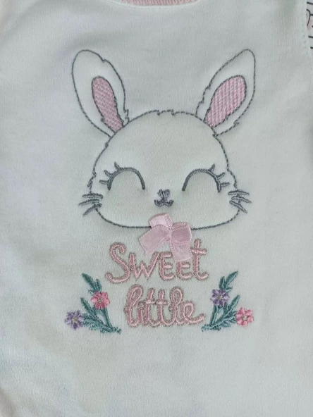 0-3 3-6 Ay Minik Tavşan Nakışlı Boydan Çıtçıt Kapamalı Kız Erkek Bebek Tulumu Ekru - Resim 7