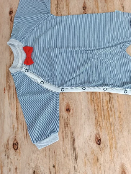 0-3 3-6 Ay Papyonlu Çizgi Desen Çıtçıt Kapama Kasketli Erkek Bebek Tulumu Lacivert - 5