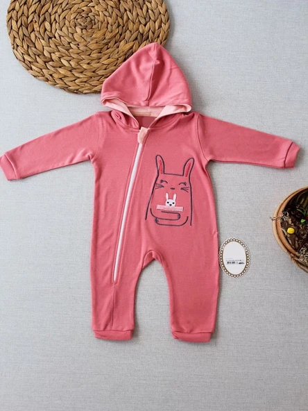 6-9 9-12 Ay Ef Çizgi Boy Fermuarlı Tavşan Nakışlı Kapşonlu Kız Erkek Bebek Tulumu Gül Kurusu