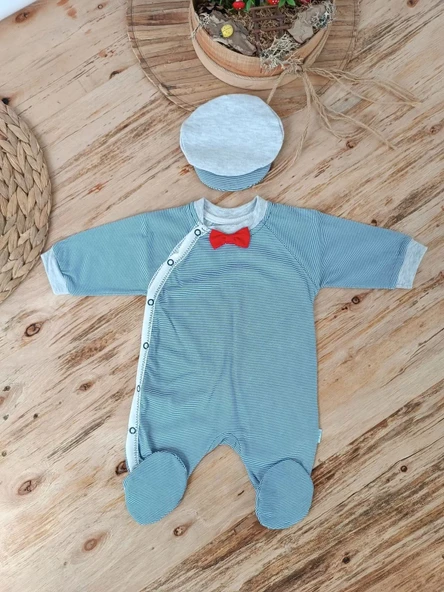 0-3 3-6 Ay Papyonlu Çizgi Desen Çıtçıt Kapama Kasketli Erkek Bebek Tulumu Lacivert