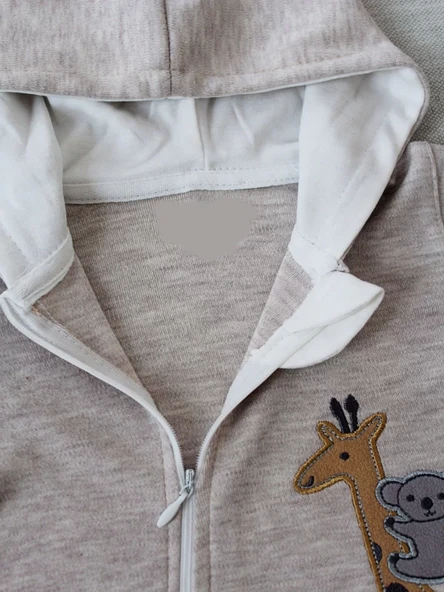 6-9 9-12 Ay Ef Çizgi Boy Fermuarlı Zürafa Nakışlı Kapşonlu Kız Erkek Bebek Tulumu Kahvemelanj - Resim 4