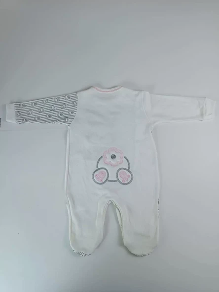 0-3 3-6 Ay Minik Tavşan Nakışlı Boydan Çıtçıt Kapamalı Kız Erkek Bebek Tulumu Ekru - Resim 4
