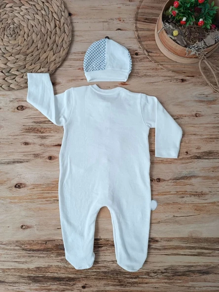 0-3 3-6 6-9 Ay Şapkalı Yelek Detaylı Boydan Çıtçıt Erkek Bebek Tulumu Ekru - 2