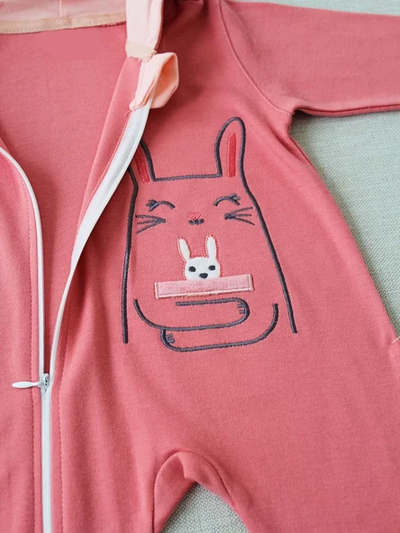 6-9 9-12 Ay Ef Çizgi Boy Fermuarlı Tavşan Nakışlı Kapşonlu Kız Erkek Bebek Tulumu Gül Kurusu - 3