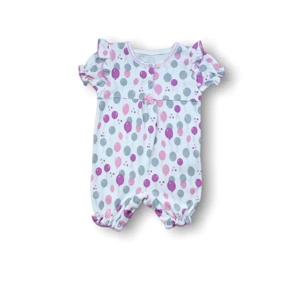 9-12 12-18 18-24 Ay Cemre Uçan Balon Baskılı Kısa Kollu Kız Bebek Tulumu Ekru