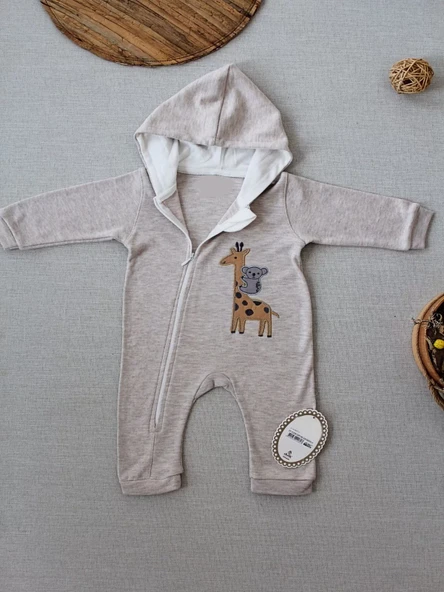 6-9 9-12 Ay Ef Çizgi Boy Fermuarlı Zürafa Nakışlı Kapşonlu Kız Erkek Bebek Tulumu Kahvemelanj - Resim 2