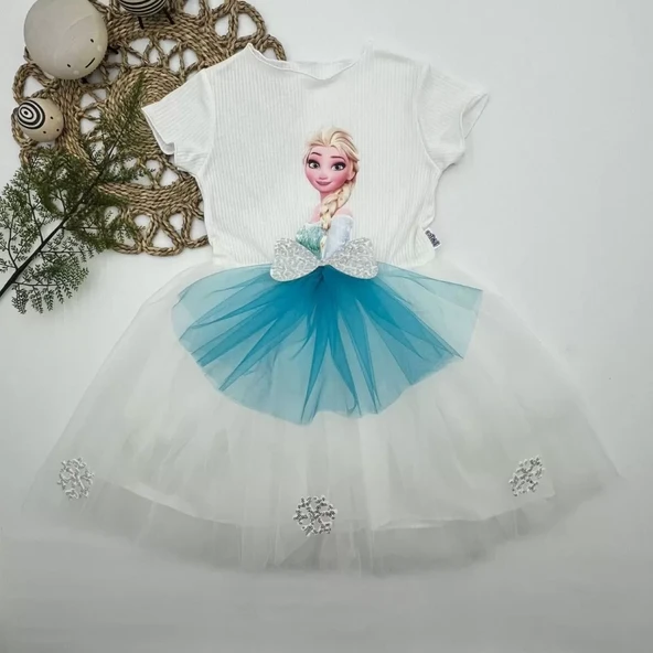 5-6-7 Yaş Elsa Desenli Fiyonklu Tül Etekli Astarlı Kısa Kollu Kız Çocuk Tütü Elbise Beyaz