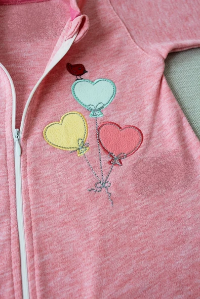 3-6 18-24 24-36 Ay Uçan Balonlar Nakışlı Ef Boy Fermuarlı Kız Bebek Tulumu Pembe - 4