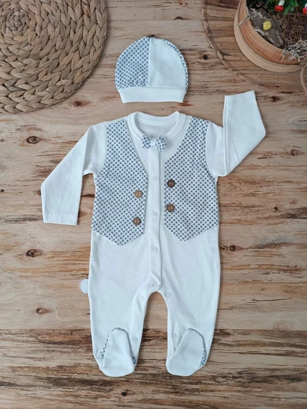 0-3 3-6 6-9 Ay Şapkalı Yelek Detaylı Boydan Çıtçıt Erkek Bebek Tulumu Ekru - 3