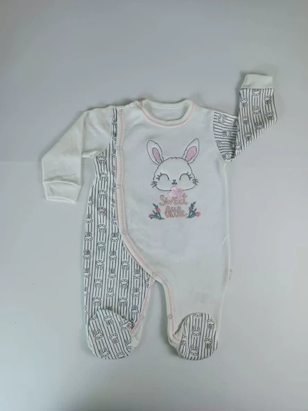 0-3 3-6 Ay Minik Tavşan Nakışlı Boydan Çıtçıt Kapamalı Kız Erkek Bebek Tulumu Ekru - Resim 2