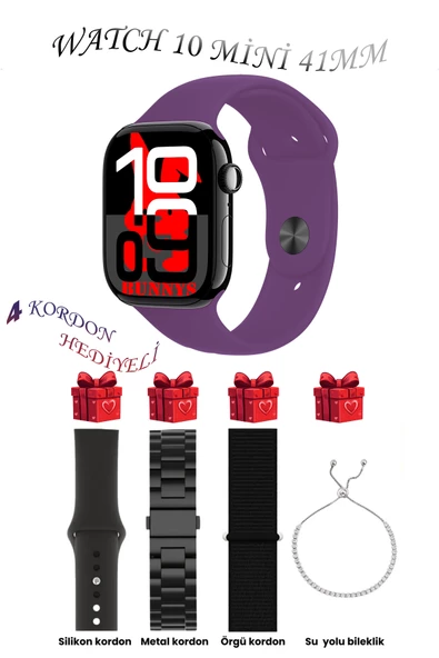 Samsung Galaxy Note 20 Ultra Uyumlu Mor Akıllı Saat Watch 10 Mini Kordon Hediyeli AMOLED EKRAN 41MM