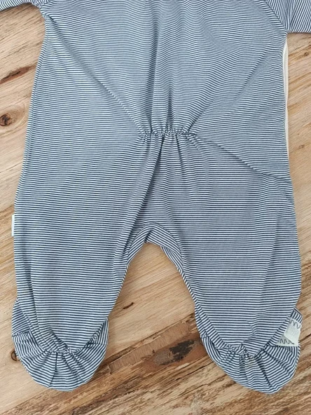 0-3 3-6 Ay Papyonlu Çizgi Desen Çıtçıt Kapama Kasketli Erkek Bebek Tulumu Lacivert - 4