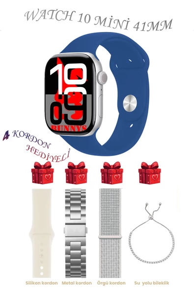 Huawei P30 Pro New Edition Uyumlu Mavi Akıllı Saat Watch 10 Mini Kordon Hediyeli AMOLED EKRAN 41MM
