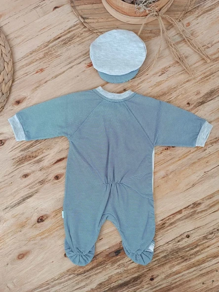 0-3 3-6 Ay Papyonlu Çizgi Desen Çıtçıt Kapama Kasketli Erkek Bebek Tulumu Lacivert - 2