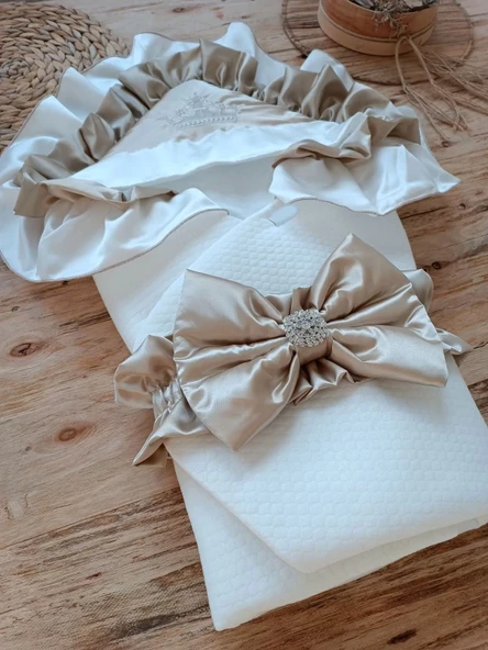 Yenidoğan Mehtap Lüks Kelebek Taç Nakışlı Bebek Battaniyesi Kundak Vizon - Resim 2