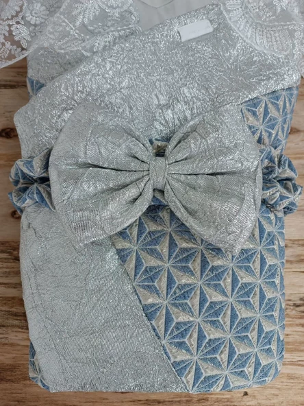 Yenidoğan Piramit Desenli Güpür İşlemeli Bebek Battaniyesi Kundak Gümüş - Resim 4