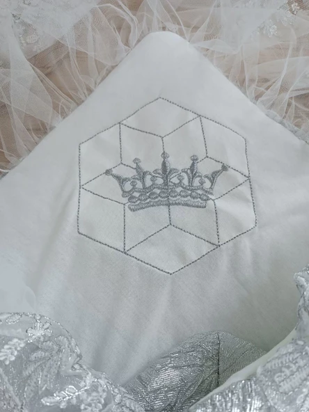 Yenidoğan Ultralüks Piramit Desenli Güpürlü Bebek Battaniyesi Kundak Gümüş - Resim 3