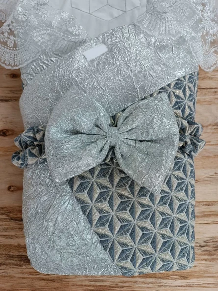 Yenidoğan Ultralüks Piramit Desenli Güpürlü Bebek Battaniyesi Kundak Gümüş - Resim 4