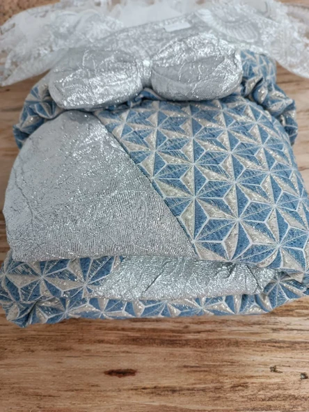 Yenidoğan Piramit Desenli Güpür İşlemeli Bebek Battaniyesi Kundak Gümüş - Resim 3