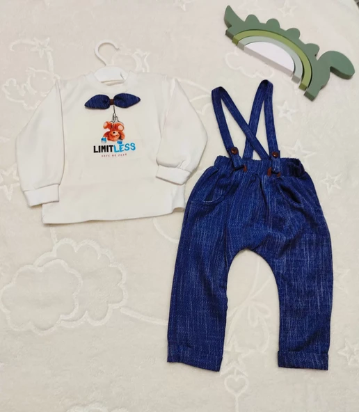 9-12-18 Ay Papyonlu Sweat Kot Pantolon 2li Erkek Bebek Salopet Takımı Lacivert - 2