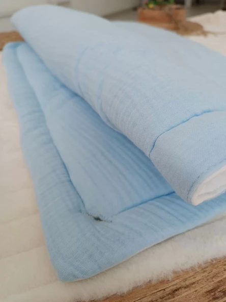 Yenidoğan 4 Kat Müslin Kumaş Kulaklı Patili Fiyonk Bebek Battaniyesi Kundak Mavi - Resim 3